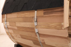 Zoppinh Blisspod Prague Canadian Red Cedar outdoor steam barrel sauna with wooden exterior and outdoor setting.