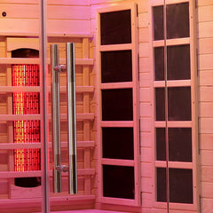 Finnmark FD-3 Zoppinh infrared sauna for four with full-spectrum heating, wooden interior, and bench seating for home relaxation.