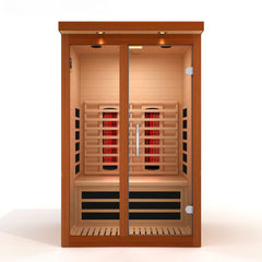 Golden Designs Inc. Dynamic Llumeneres 2-person full spectrum Nero Zero EMF FAR IR sauna, shown with sleek interior and door.