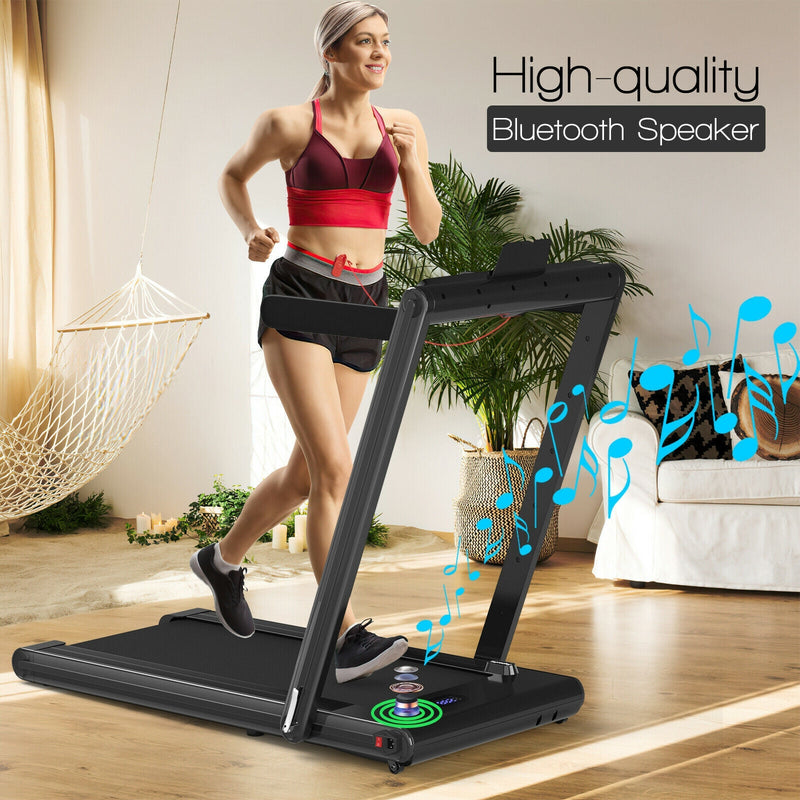 Foldable 2-in-1 treadmill with dual LED display by DirectDeals, showing a sleek black running surface and control panel.