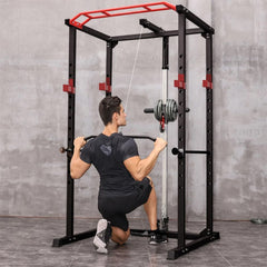 SAKSBY WHOLESALE 1000LBS multi-functional barbell rack and squat power cage with weight bench in a home gym setting