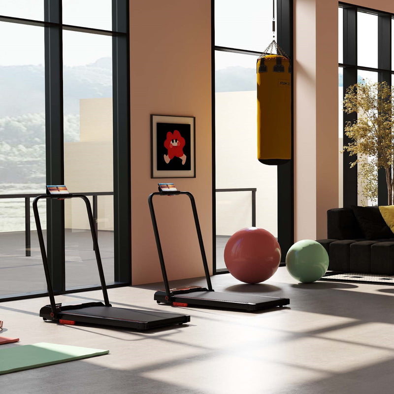DirectDeals fitness room bundle with hanging punching bag and folding treadmill for home workout training.