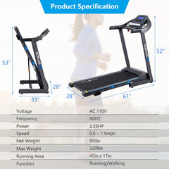 SP36091US 2.25 HP Folding Electric Motorized Power Treadmill with Blue Backlit LCD Display by DirectDeals
