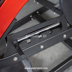 Muscle D Fitness Pro Strength Power Hack Squat plate-loaded gym machine with padded support and weight plates for strength training.