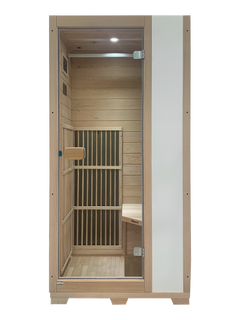 Zoppinh Blisspod Vienna Far Infrared Sauna, compact wooden sauna unit with glass door for home wellness and relaxation.