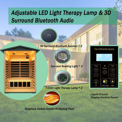 SAKSBY WHOLESALE Thermora Riva 2-person black carbonized walnut infrared outdoor sauna with LED lighting and Bluetooth audio.
