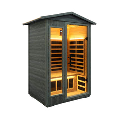 SAKSBY WHOLESALE Thermora Riva 2-person black carbonized walnut infrared outdoor sauna with Bluetooth audio and LED lighting.