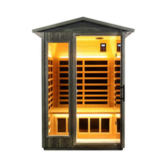 SAKSBY WHOLESALE Thermora Riva 2-person black carbonized walnut infrared outdoor sauna with LED lighting and Bluetooth audio.