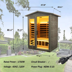 SAKSBY WHOLESALE Thermora Riva 2-person black carbonized walnut infrared outdoor sauna with LED lights and Bluetooth audio.