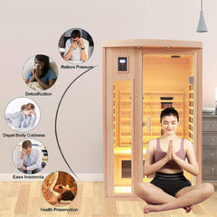 SAKSBY WHOLESALE Thermora Orien 2-person low EMF infrared sauna with wood interior and ceramic heaters for home spa relaxation.