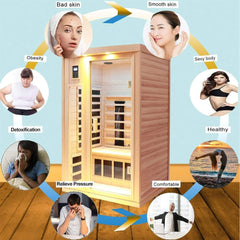 SAKSBY WHOLESALE Thermora Orien 2-person low EMF infrared wood sauna with ceramic heaters for home relaxation and wellness.