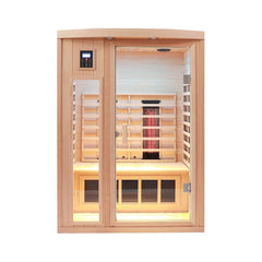 SAKSBY WHOLESALE Thermora Orien Premium 2-person low EMF infrared sauna with wood interior and ceramic heaters, front view.