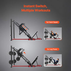 SAKSBY WHOLESALE Rovix 2000LBS adjustable leg press and hack squat machine for home gym workouts, with multiple workout functions.