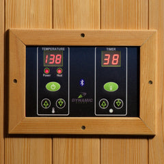 Golden Designs full spectrum near zero EMF FAR IR sauna with control panel, designed for 1-2 persons, model DYN-6119-03 FS.