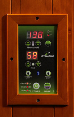 Golden Designs Elite Madrid Limited 3-person ultra low EMF FAR IR sauna with digital control panel and sleek design.