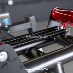 Muscle D Fitness Power Leverage V2 Rotary Lat Pulldown plate-loaded gym machine with adjustable arms and padded seat.