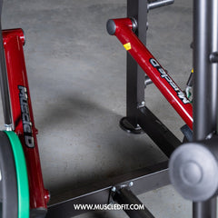 Muscle D Fitness Power Leverage V2 Rotary Lat Pulldown plate-loaded gym machine with adjustable handles and weight plates for strength training.