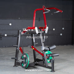 Muscle D Fitness Power Leverage V2 Rotary Lat Pulldown plate-loaded gym machine with adjustable seating and weight plates.