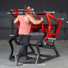 Muscle D Fitness Pro Strength Power Hack Squat plate-loaded gym machine with padded backrest and foot platform for strength training.