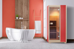 Zoppinh Blisspod Vienna Far Infrared Sauna interior with wooden panels and control panel for relaxing heat therapy.