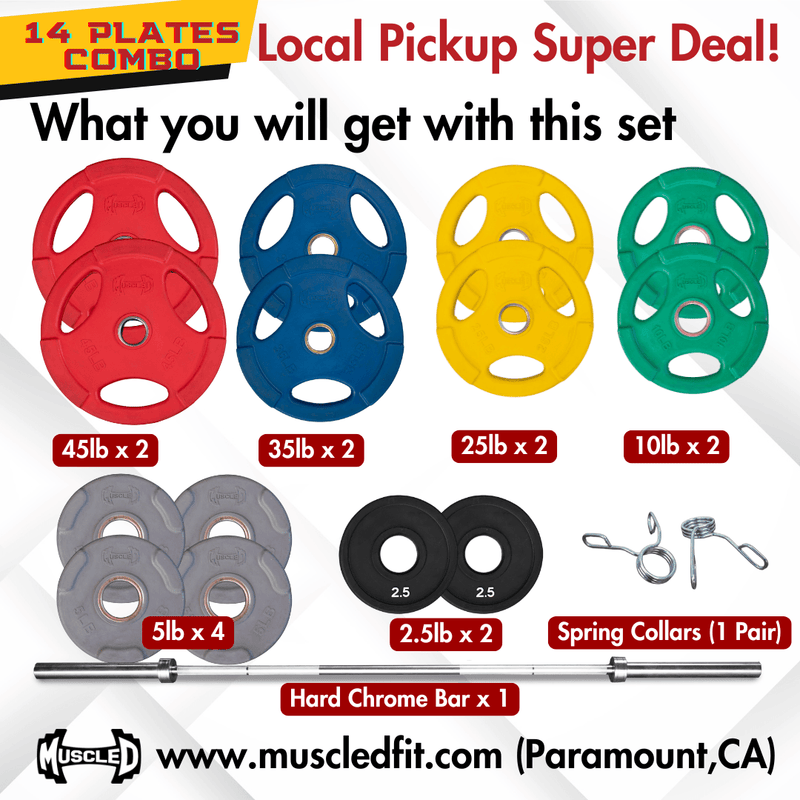 Olympic Plates + Bar + Spring Collars by Muscle D Fitness