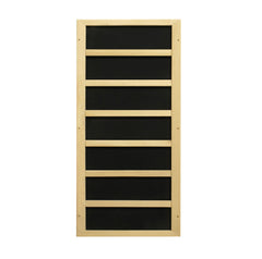 Golden Designs Inc. 1-2 person low EMF far infrared sauna with wooden interior and glass door, shown in the image.