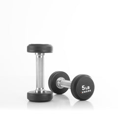Pair of XMARK round commercial urethane dumbbells, 5 to 50 pounds set, featuring durable free weights with textured grip.