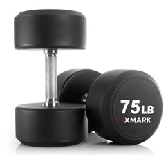 Pair of XMARK round commercial urethane dumbbells, 75 lb set, showing sleek black finish and ergonomic handles for strength training.