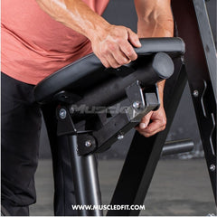 Muscle D Fitness Power Leverage V2 Plate Loaded Chest Supported Linear Bearing Row with padded chest support and weight plates