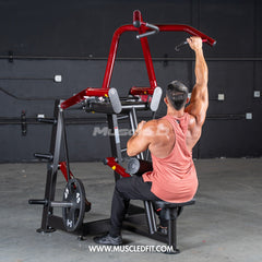 Muscle D Fitness Power Leverage V2 Rotary Lat Pulldown plate-loaded gym machine with adjustable seat and pulldown bar for strength training