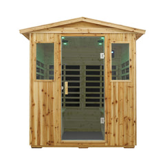 Front view of Thermora Deluxe 4-Person Outdoor Infrared Hemlock Sauna by SAKSBY WHOLESALE with Bluetooth speakers and interior lighting.