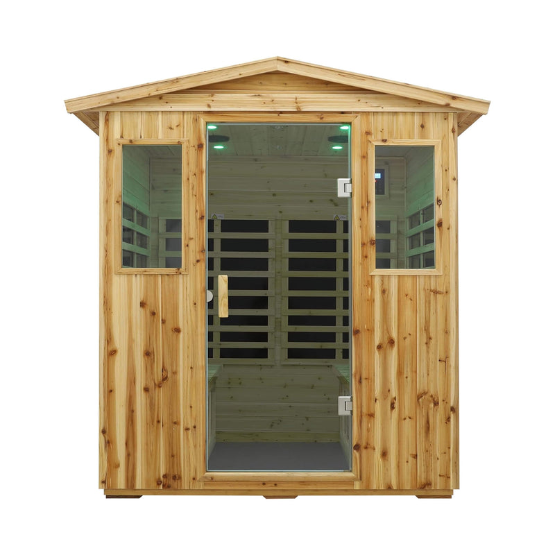 Front view of Thermora Deluxe 4-Person Outdoor Infrared Hemlock Sauna by SAKSBY WHOLESALE with Bluetooth speakers and interior lighting.