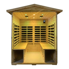 SAKSBY WHOLESALE Thermora Deluxe 4-Person Outdoor Infrared Hemlock Sauna with interior lighting and Bluetooth speakers