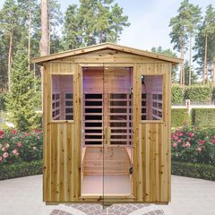SAKSBY WHOLESALE Thermora Deluxe 4-person outdoor infrared Hemlock sauna with Bluetooth speakers and LED lighting.
