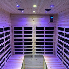 SAKSBY WHOLESALE Thermora Deluxe 4-Person Outdoor Infrared Hemlock Sauna with Bluetooth speakers and interior lighting.