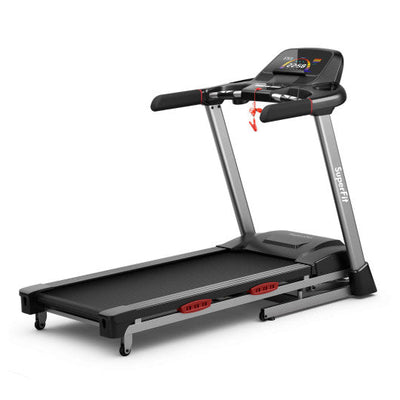 VYSN 4.75 HP folding treadmill with auto incline and 20 preset programs, black color, displayed on a clean workout space.