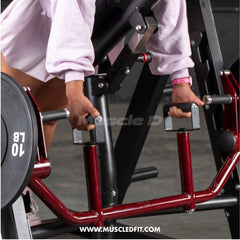 Muscle D Fitness Power Leverage V2 chest supported linear bearing row plate loaded exercise machine showing padded chest support and loading plates.