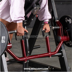 Muscle D Fitness Power Leverage V2 Plate Loaded Chest Supported Linear Bearing Row machine with padded support and weight plates.