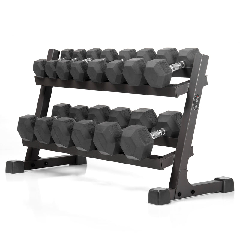 10 to 50 lbs. Rubber Hex Dumbbell Pairs Includes 2-Tier Storage Rack by XMARK
