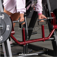 Muscle D Fitness Power Leverage V2 chest supported linear bearing row with plate-loaded design, showcasing the gym equipment's structure.