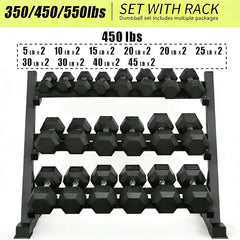 W5072S00007 Rovix 450-Pounds Rubber Hex Dumbbell Set With Rack by SAKSBY WHOLESALE