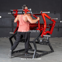 Muscle D Fitness Pro Strength Power Hack Squat machine with plate-loaded design for commercial gym use, featuring padded support and weight plates