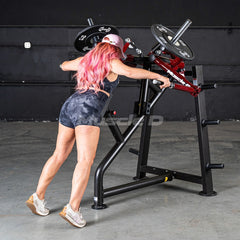 Muscle D Power Leverage V2 plate-loaded rear delt machine from Muscle D Fitness, with padded seat and adjustable arm supports.
