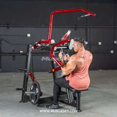 Muscle D Fitness Power Leverage V2 Rotary Lat Pulldown plate-loaded machine with adjustable handles and weight plates for strength training.
