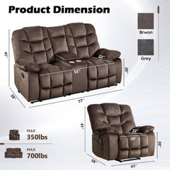 Brown 2-piece ShipItFurniture massage recliner set with built-in massage and heat functions, showcasing plush upholstery and modern design.