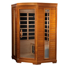 Two-person Golden Designs Inc. low EMF far infrared sauna with wood interior and digital control panel.