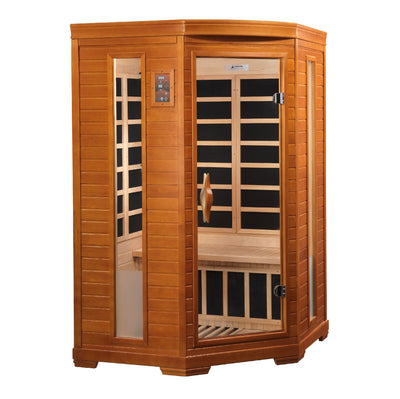 Two-person Golden Designs Inc. low EMF FAR IR sauna with glass door and wooden interior, designed for relaxing infrared therapy.
