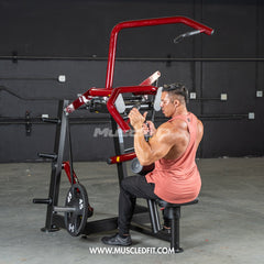 Muscle D Fitness Power Leverage V2 Rotary Lat Pulldown plate-loaded gym machine with adjustable handles and weight plates.