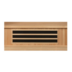 Golden Designs FS Dynamic Lugano 3-person full spectrum IR sauna with bench and heater, showcasing the interior design and heating elements.