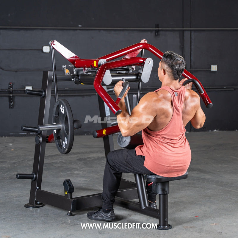 Muscle D Fitness Power Leverage V2 Rotary Lat Pulldown plate-loaded gym machine with adjustable seat and lat bar for strength training